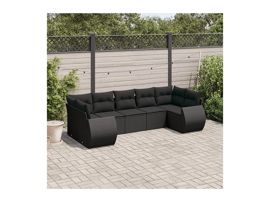 Salon de jardin 7 pcs avec coussins noir résine tressée