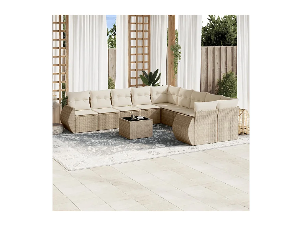 11-tlg. Garten-Sofagarnitur mit Kissen Beige Poly Rattan
