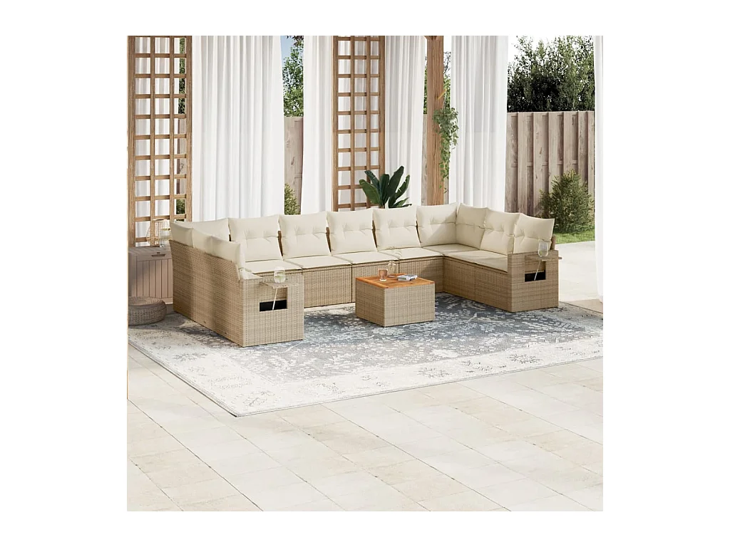 Set Divani da Giardino 11 pz con Cuscini Beige in Polyrattan