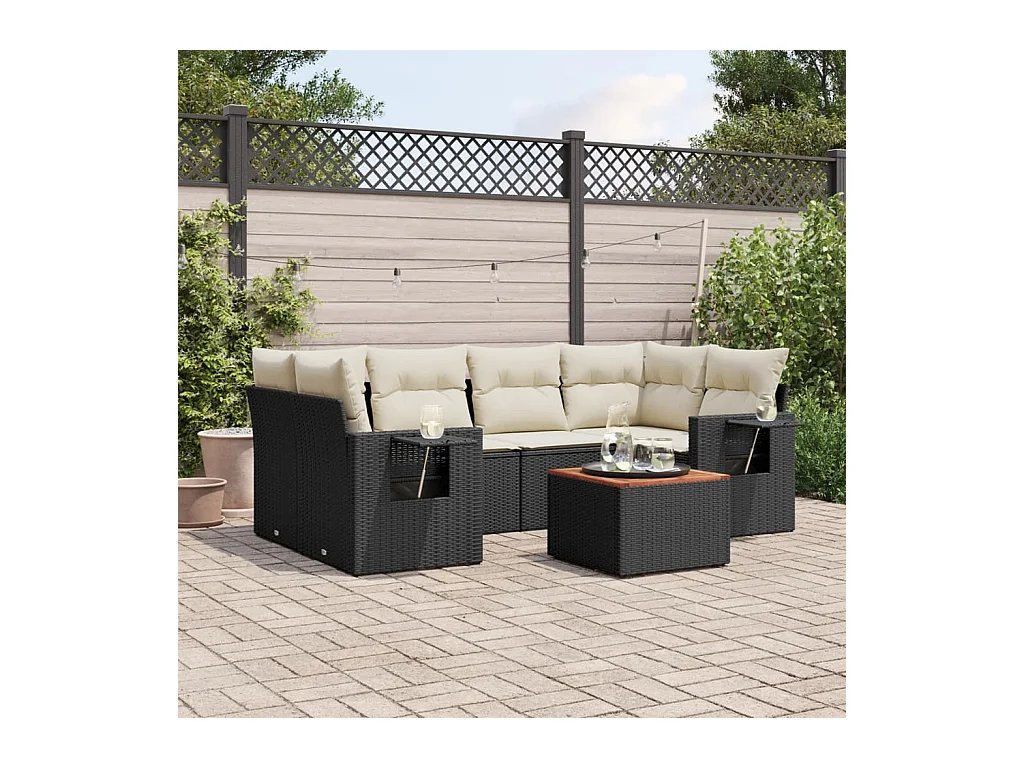 7-tlg. Garten-Sofagarnitur mit Kissen Schwarz Poly Rattan