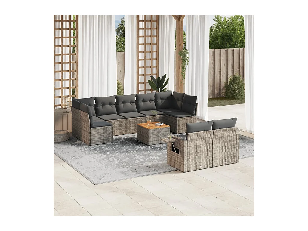 Salon de jardin avec coussins 10 pcs gris résine tressée