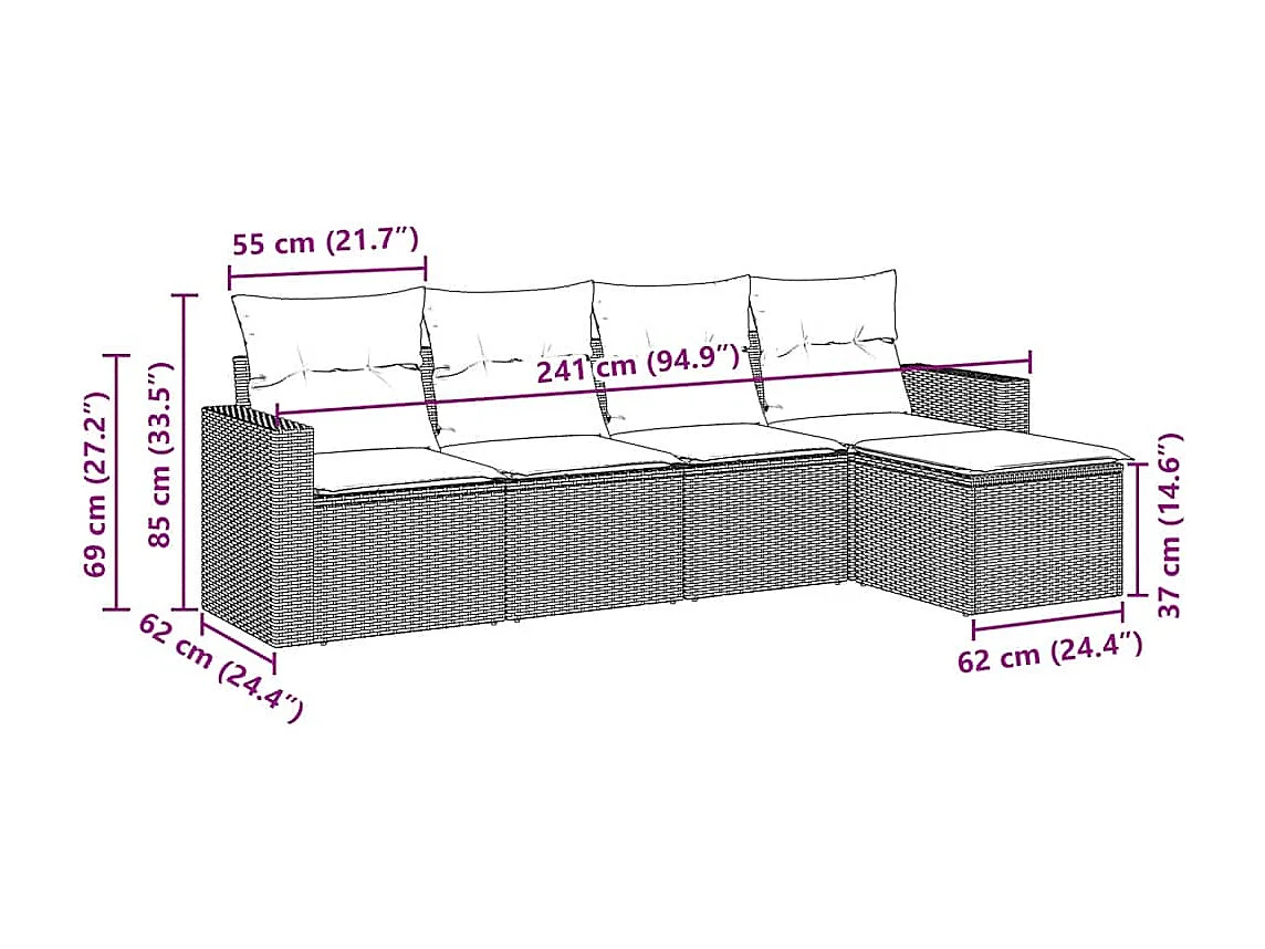 Salon de jardin 5 pcs avec coussins noir résine tressée
