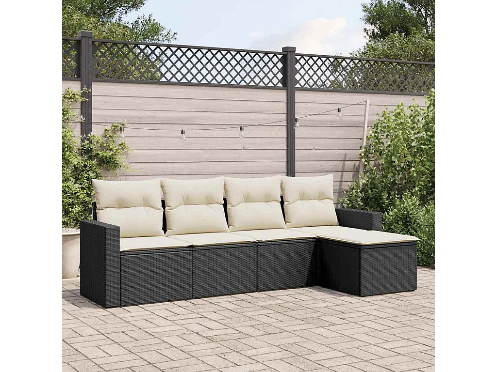 5-tlg. Garten-Sofagarnitur mit Kissen Schwarz Poly Rattan