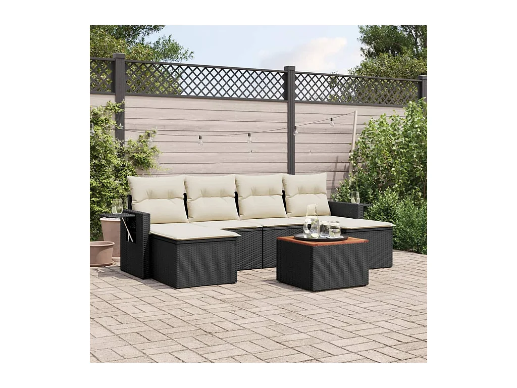 Salon de jardin 7 pcs avec coussins noir résine tressée