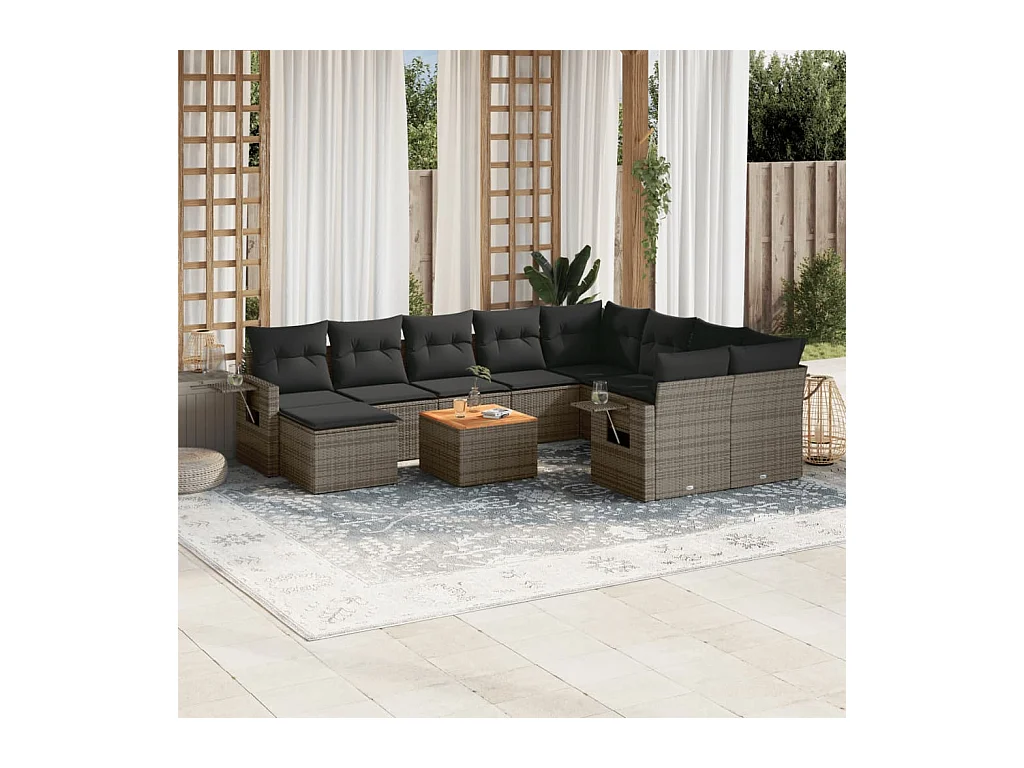11-tlg. Garten-Sofagarnitur mit Kissen Grau Poly Rattan