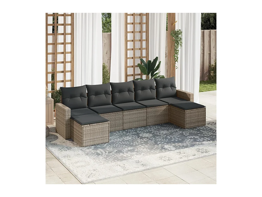 7-delige Loungeset met kussens poly rattan grijs
