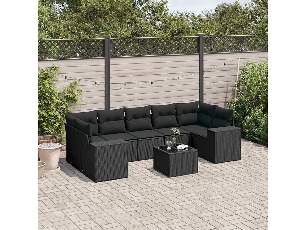 8-tlg. Garten-Sofagarnitur mit Kissen Schwarz Poly Rattan