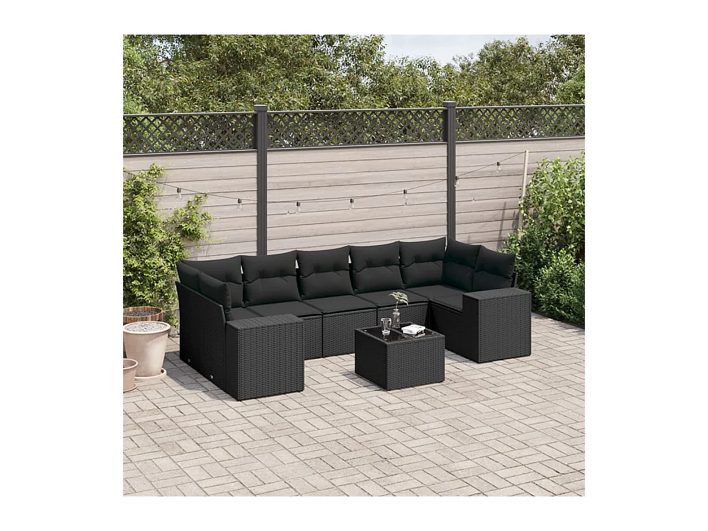 Set Divani da Giardino con Cuscini 8 pz Nero in Polyrattan