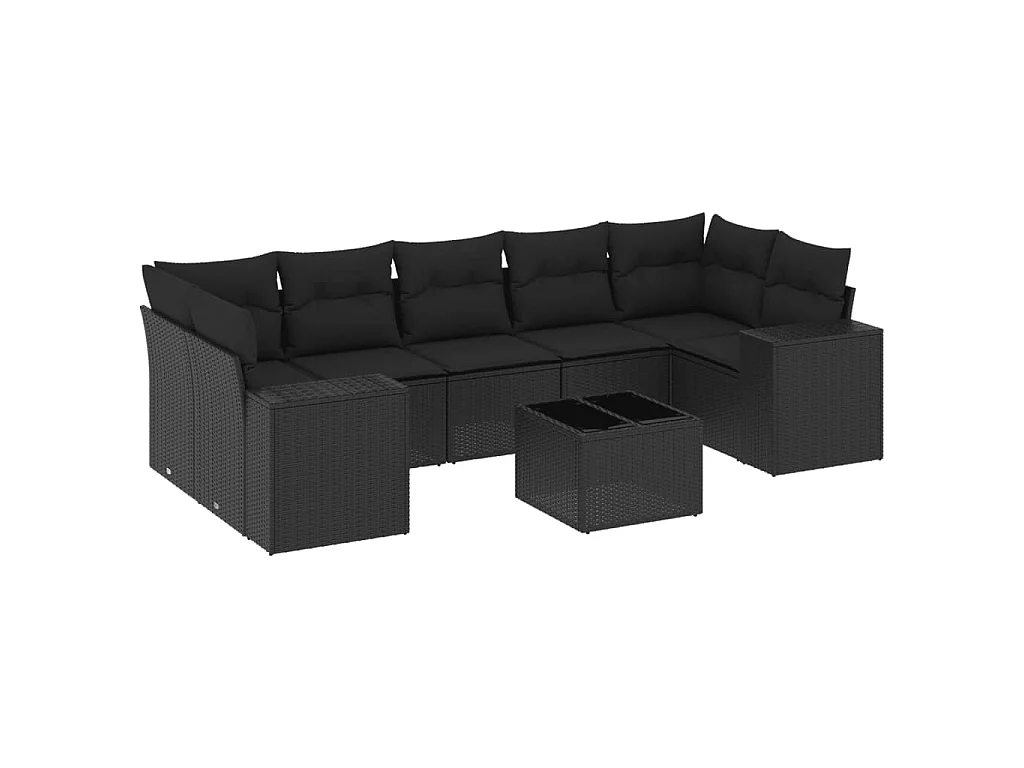 Salon de jardin 8 pcs avec coussins noir résine tressée