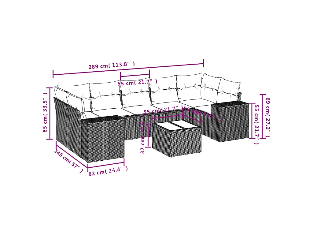 Salon de jardin 8 pcs avec coussins noir résine tressée
