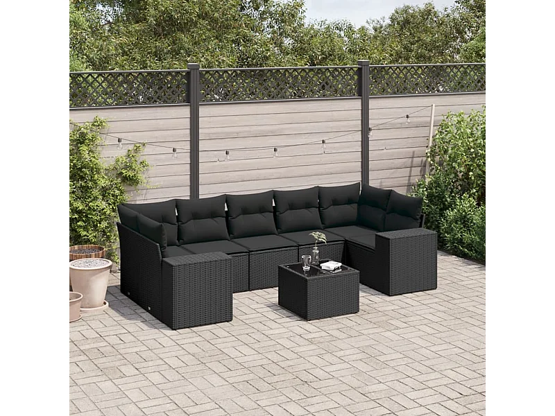 Salon de jardin 8 pcs avec coussins noir résine tressée
