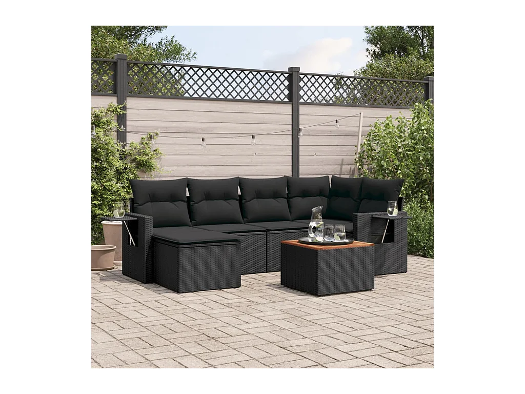 7-delige Loungeset met kussens poly rattan zwart