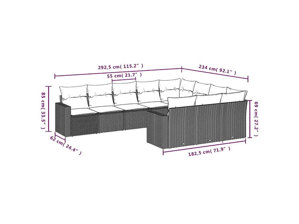 10-delige Loungeset met kussens poly rattan zwart