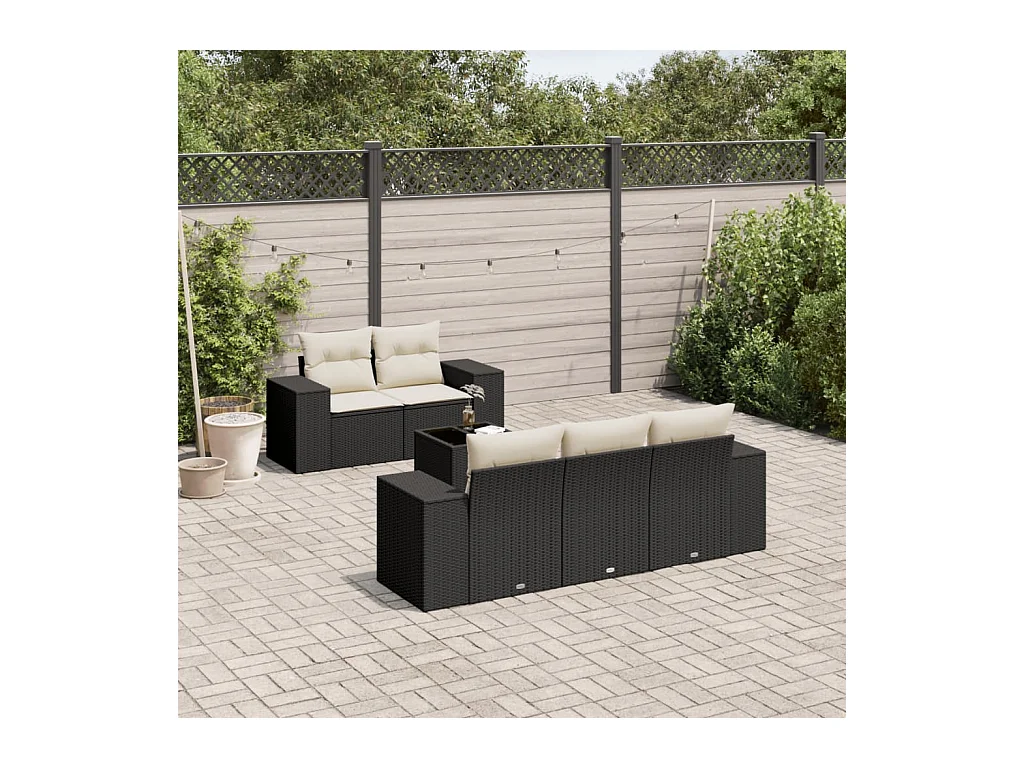 6-delige Loungeset met kussens poly rattan zwart