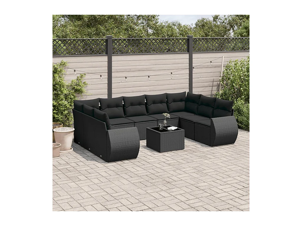 10-delige Loungeset met kussens poly rattan zwart