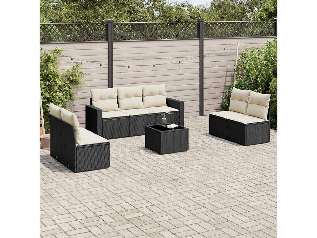 Salon de jardin 8 pcs avec coussins noir résine tressée