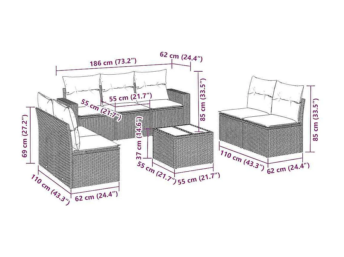 Salon de jardin 8 pcs avec coussins noir résine tressée