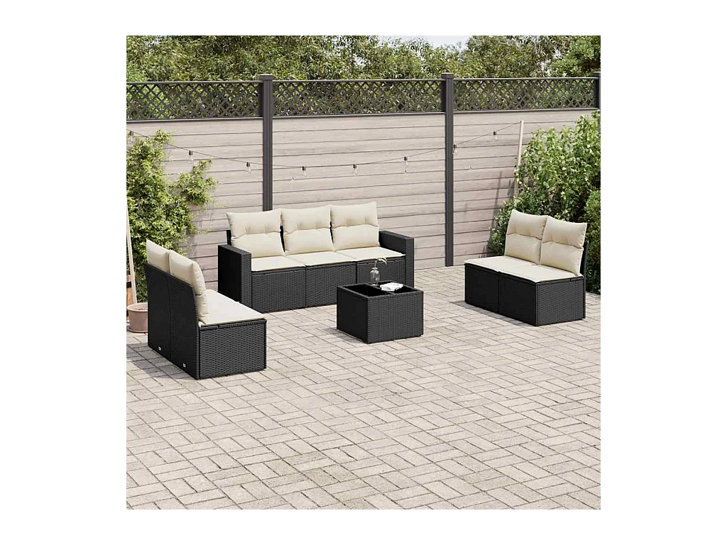 Salon de jardin 8 pcs avec coussins noir résine tressée