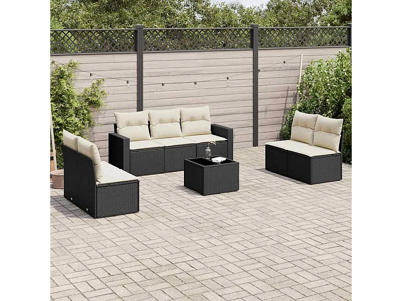 8 pcs conjunto sofás de jardim com almofadões vime PE preto