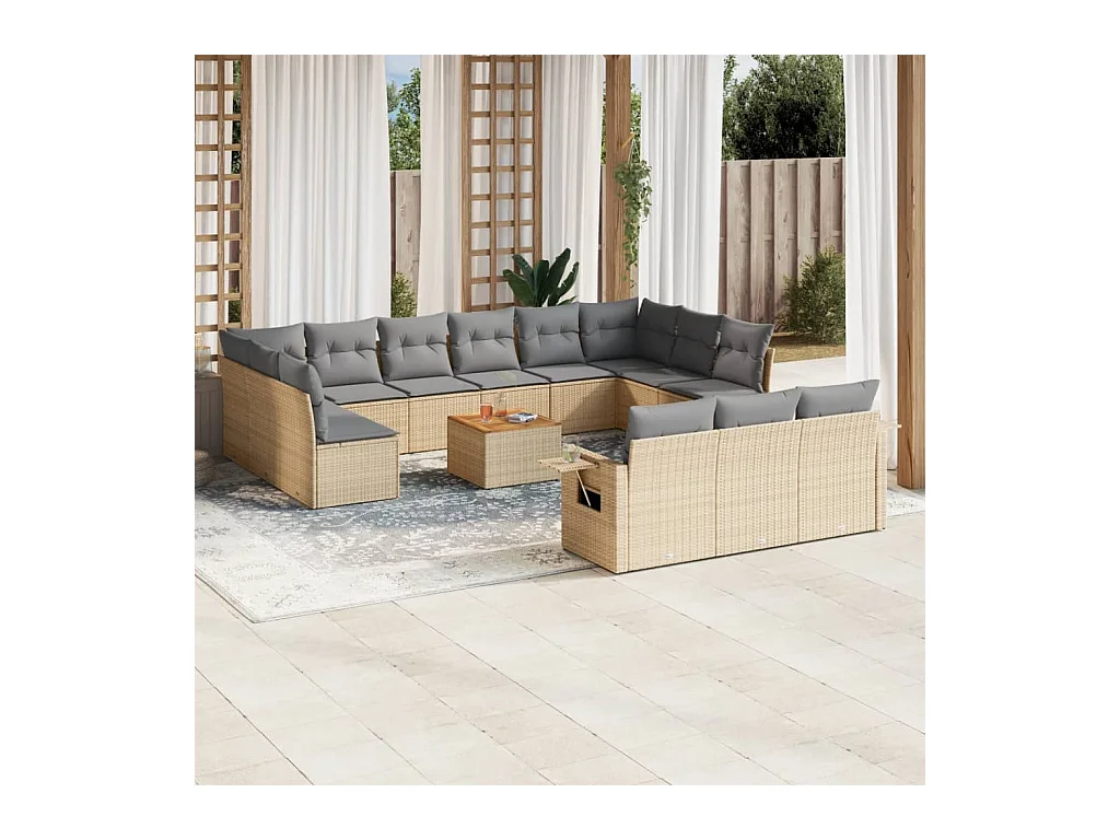 Salon de jardin avec coussins 14 pcs beige résine tressée