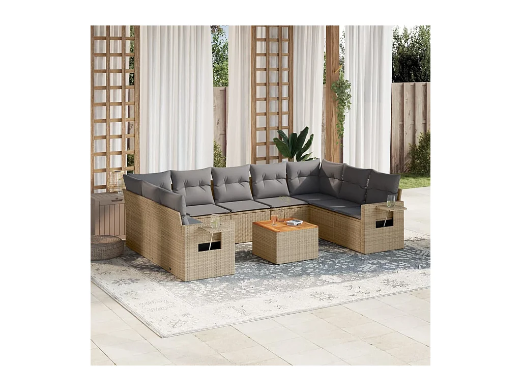 10-tlg. Garten-Sofagarnitur mit Kissen Beige Poly Rattan