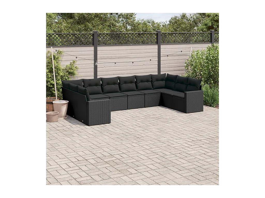 Salon de jardin 10 pcs avec coussins noir résine tressée