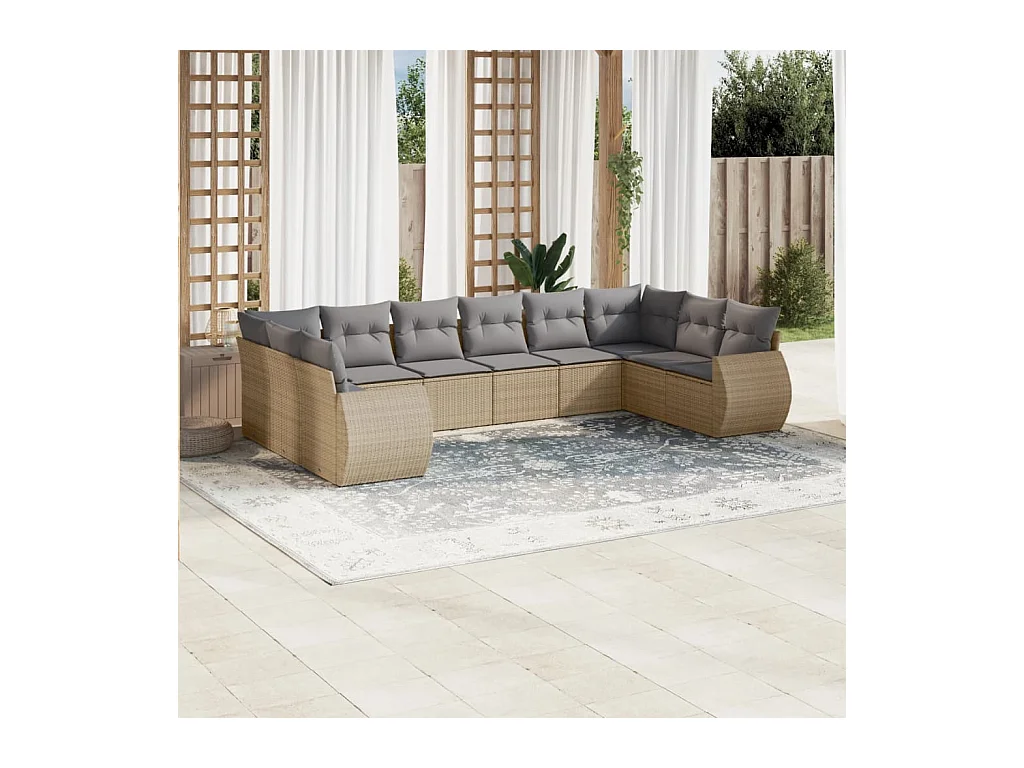 10-delige Loungeset met kussens poly rattan beige