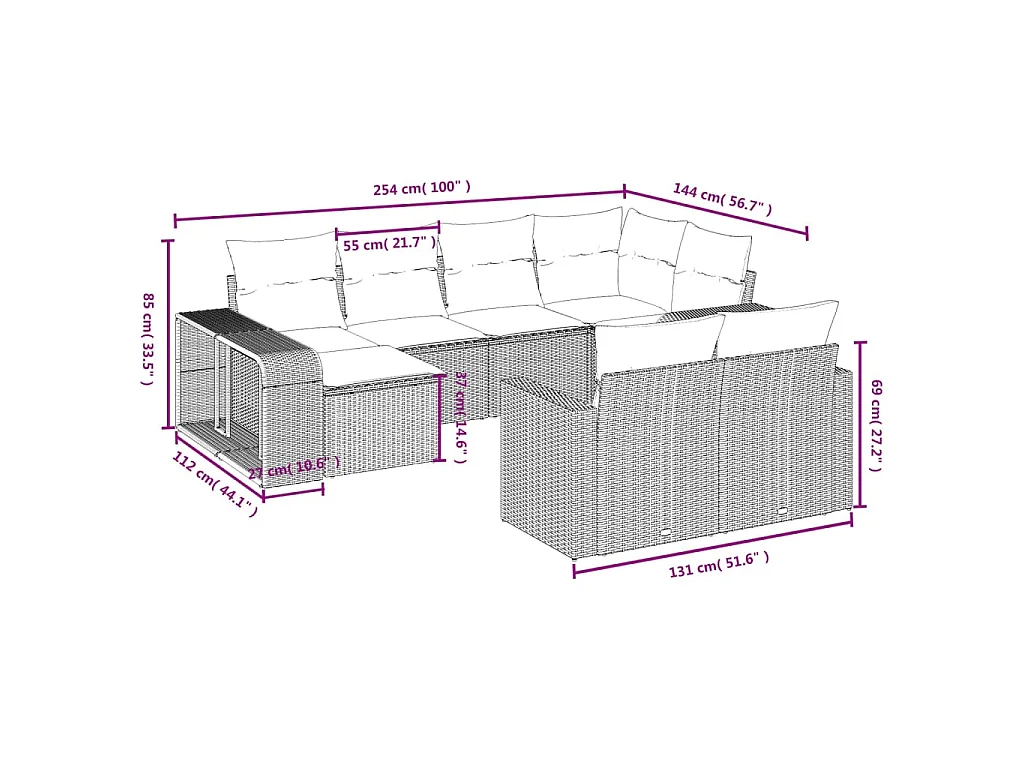 10-delige Loungeset met kussens poly rattan zwart