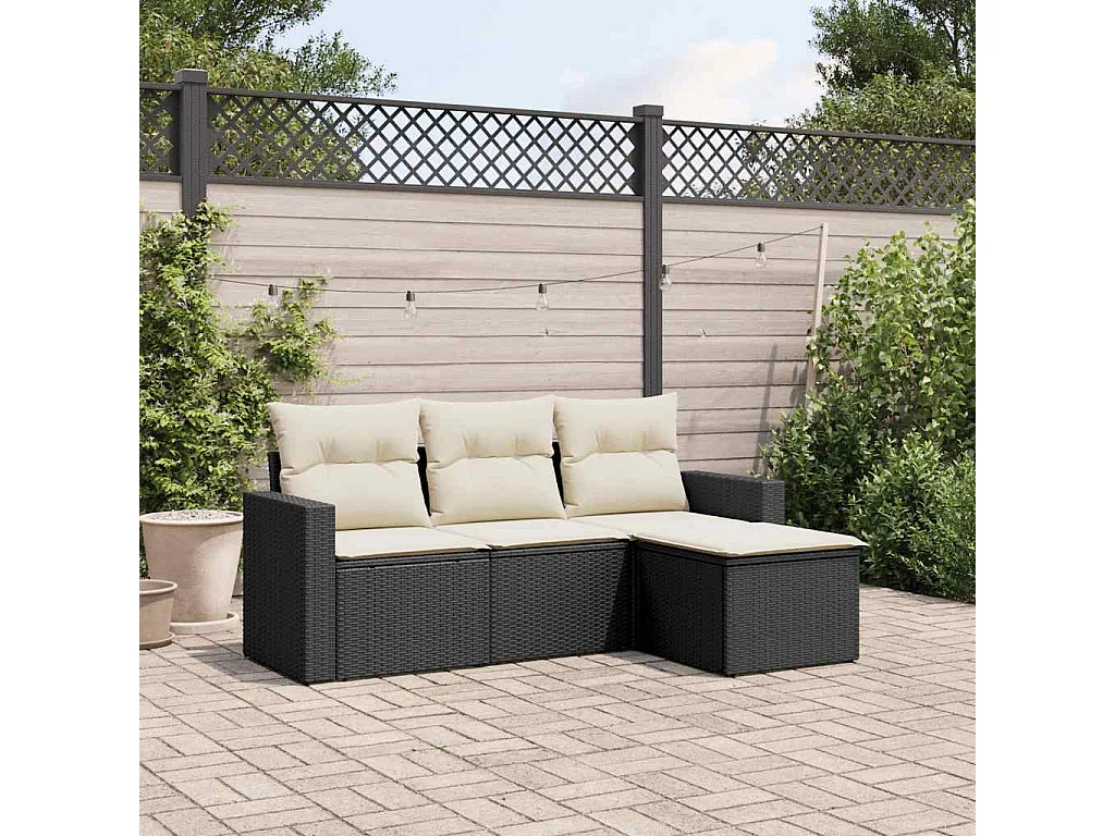 Salon de jardin 4 pcs avec coussins noir résine tressée
