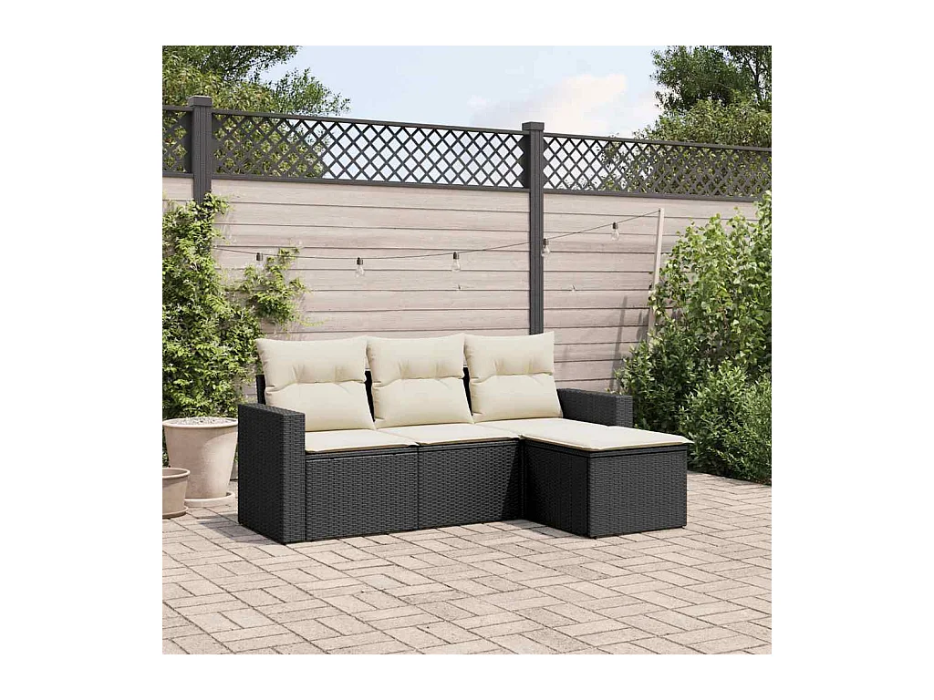 Salon de jardin 4 pcs avec coussins noir résine tressée