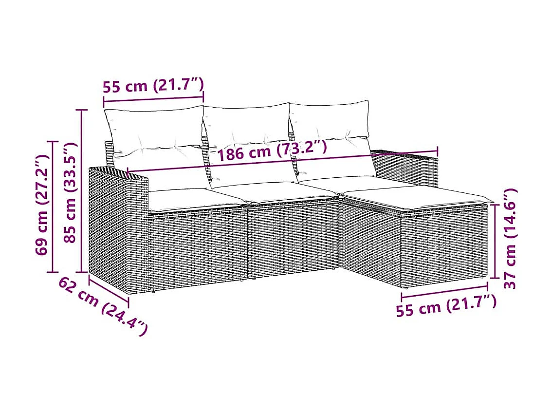 Salon de jardin 4 pcs avec coussins noir résine tressée