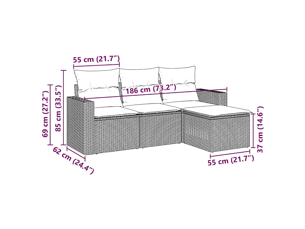Set Divani da Giardino 4 pz con Cuscini Nero in Polyrattan