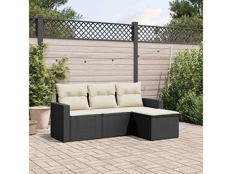 Salon de jardin 4 pcs avec coussins noir résine tressée