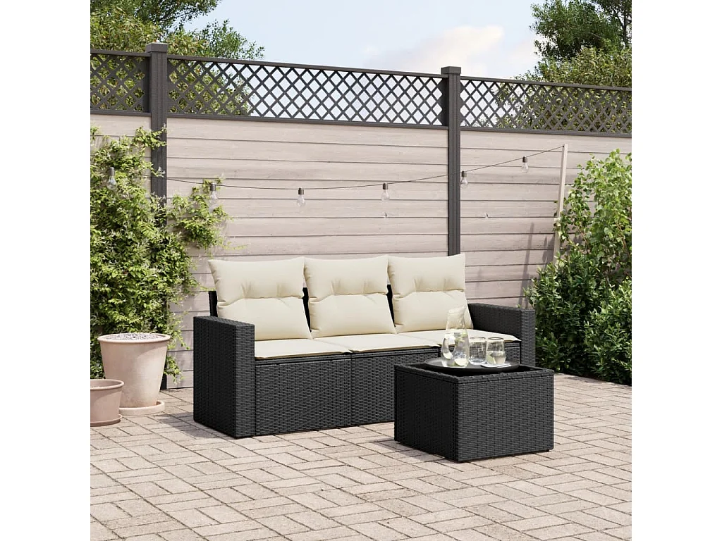 Salon de jardin 4 pcs avec coussins noir résine tressée