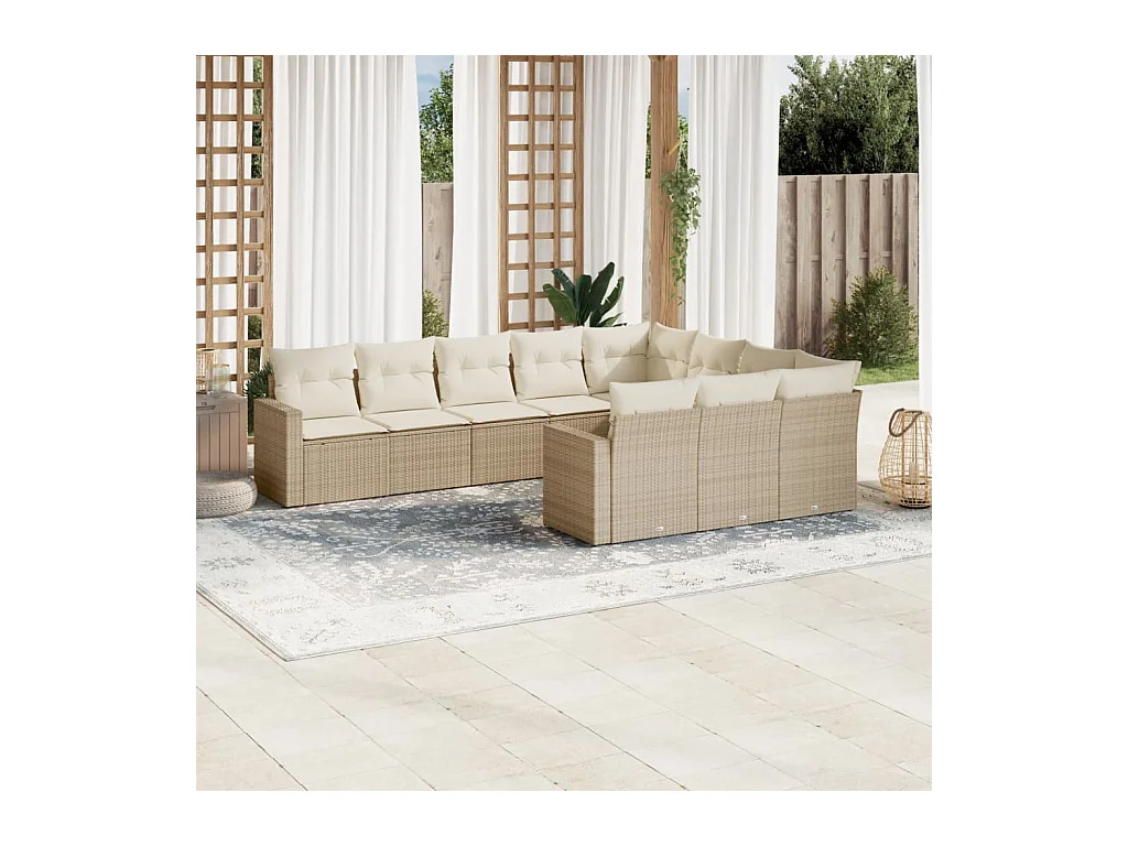 10-delige Loungeset met kussens poly rattan beige