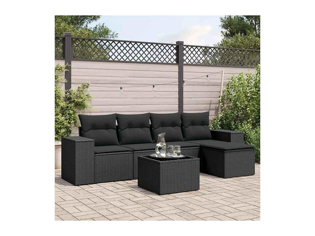 Salon de jardin 6 pcs avec coussins noir résine tressée