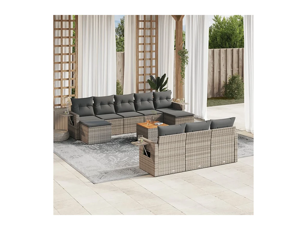 11-tlg. Garten-Sofagarnitur mit Kissen Grau Poly Rattan