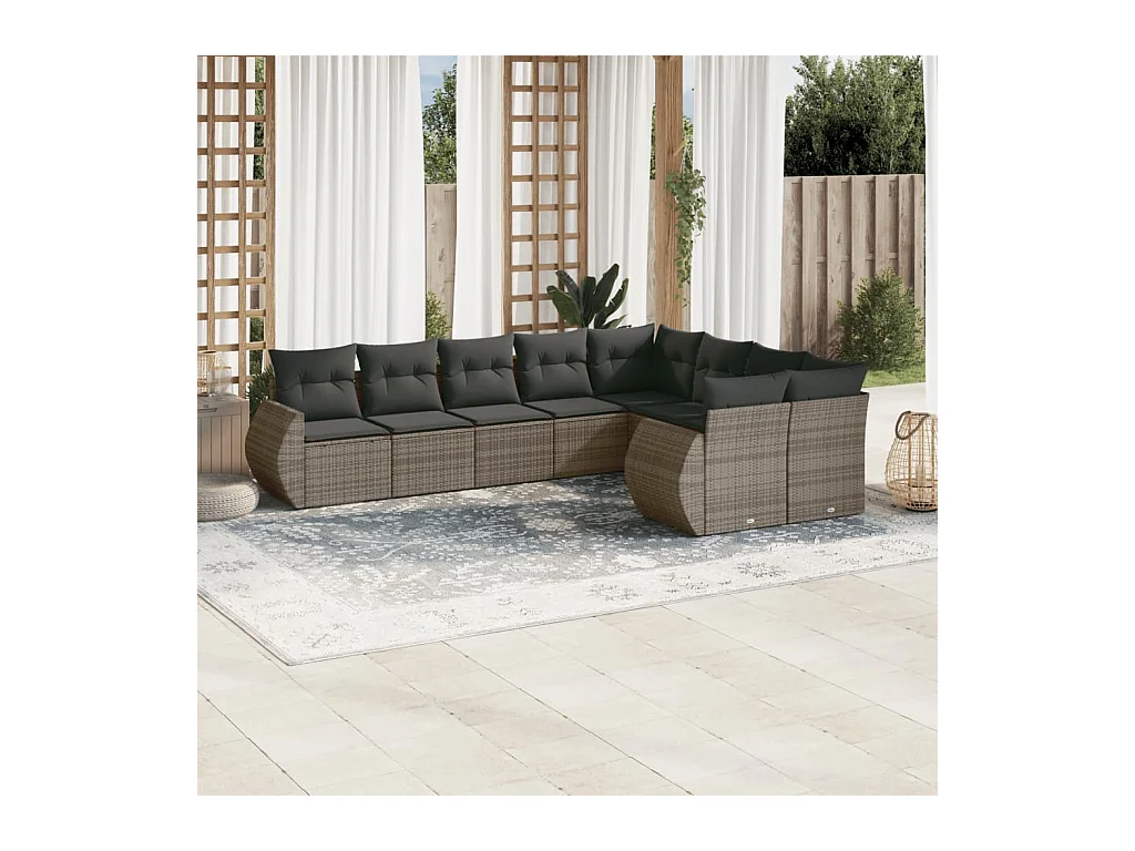 Set Divano da Giardino 9 pz con Cuscini Grigio in Polyrattan
