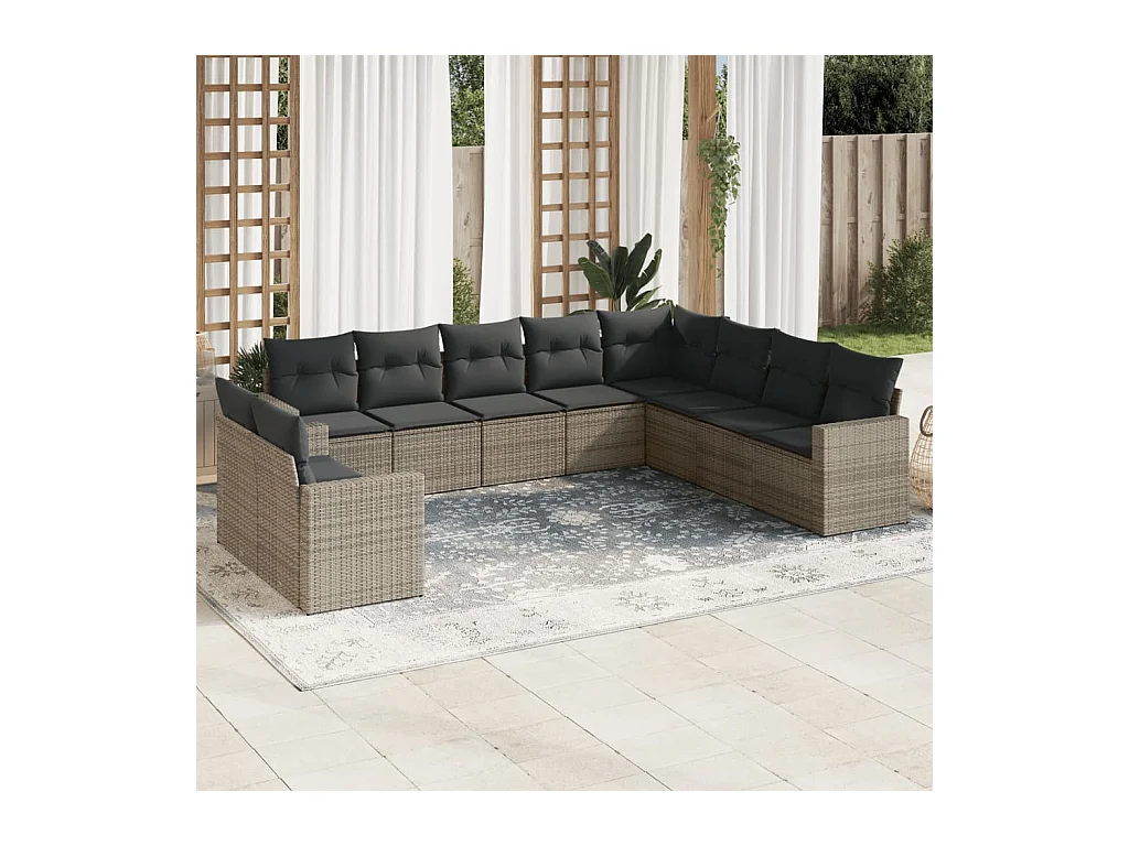 10-delige Loungeset met kussens poly rattan grijs