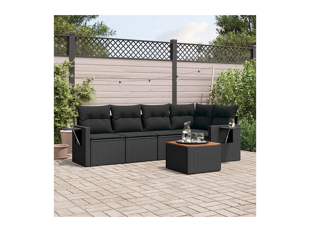 Set Divano da Giardino 6 pz con Cuscini Nero in Polyrattan
