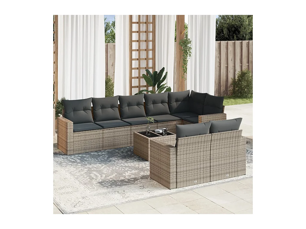 Salon de jardin 9 pcs avec coussins gris résine tressée