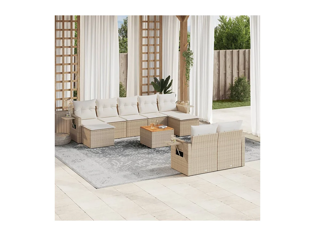 10-tlg. Garten-Sofagarnitur mit Kissen Beige Poly Rattan