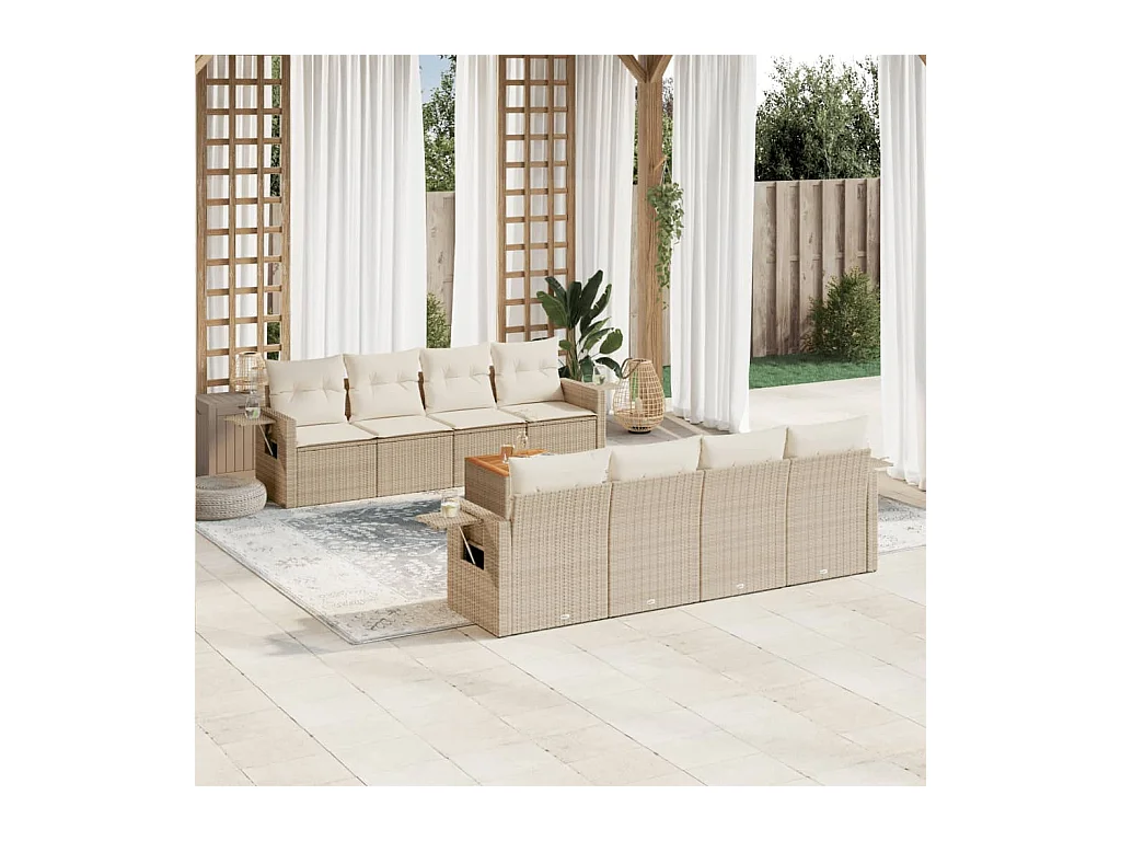 9-tlg. Garten-Sofagarnitur mit Kissen Beige Poly Rattan