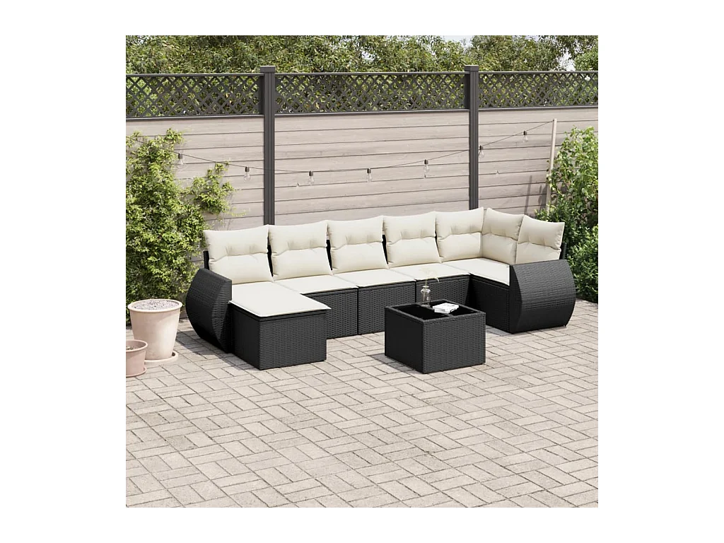 7-delige Loungeset met kussens poly rattan zwart