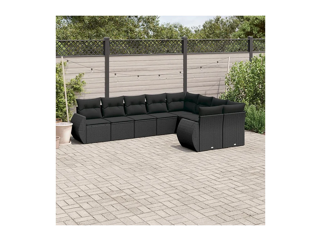 Set Divani da Giardino 9 pz con Cuscini Nero in Polyrattan