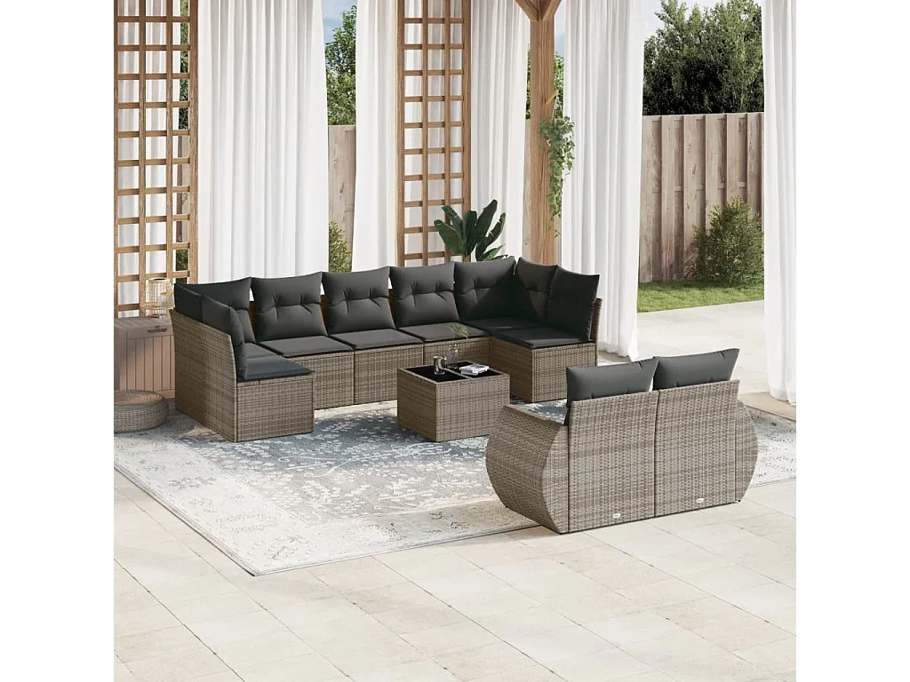 10-delige Loungeset met kussens poly rattan grijs
