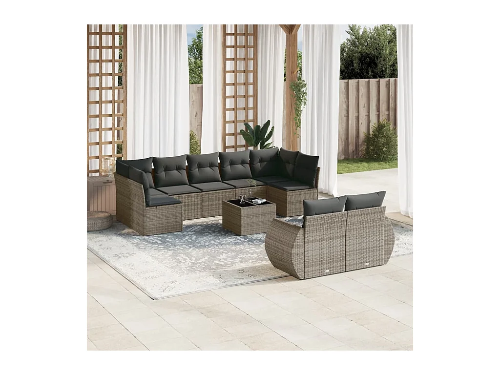 10-delige Loungeset met kussens poly rattan grijs