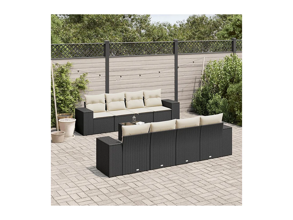9-delige Loungeset met kussens poly rattan zwart