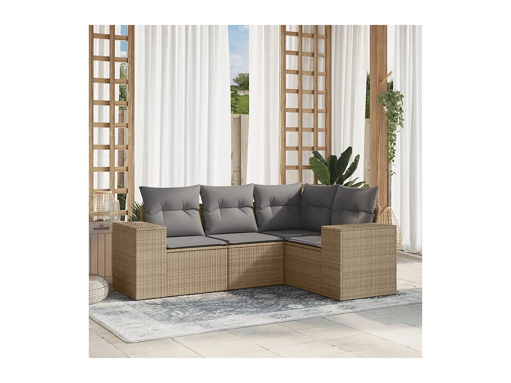 Set Divano da Giardino 4 pz con Cuscini Beige in Polyrattan