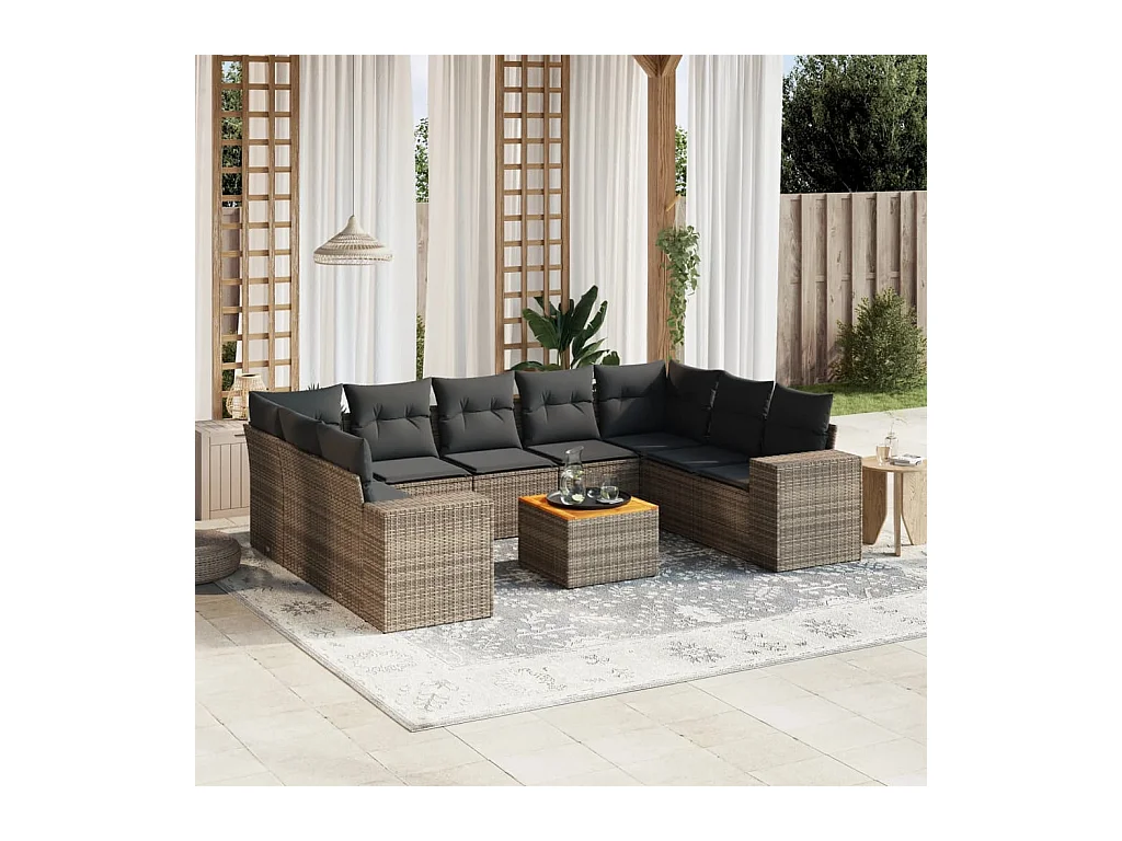 10-delige Loungeset met kussens poly rattan grijs